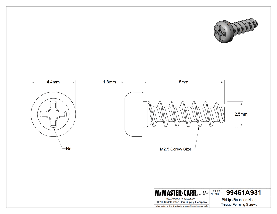 Technical Drawing of Phillips Rounded Head Thread-Forming Screws, for Plastic, 18-8 Stainless Steel, M2.5 Screw Size, 8 mm Long.